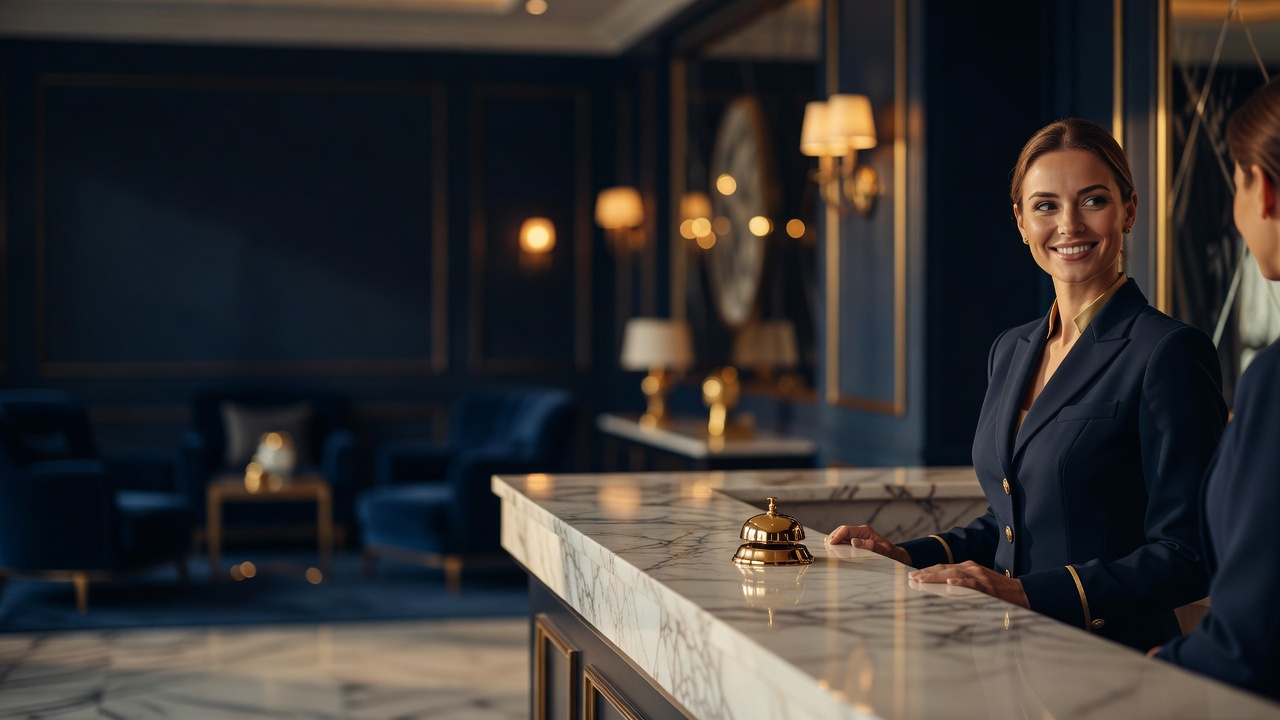 Recepsioniste elegante duke mirëpritur një mysafir në një hotel luksoz