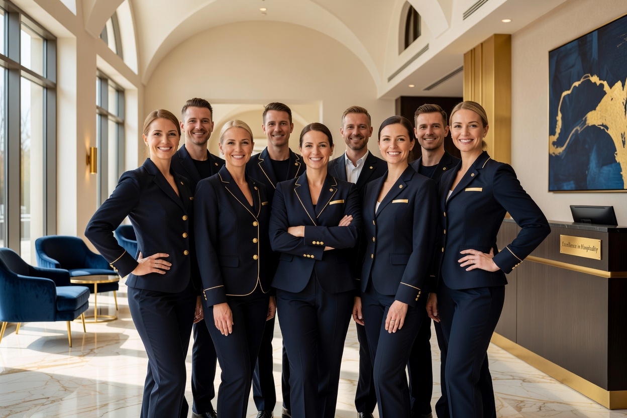 Ekip i lumtur dhe i sigurt recepsionistësh në një hotel modern